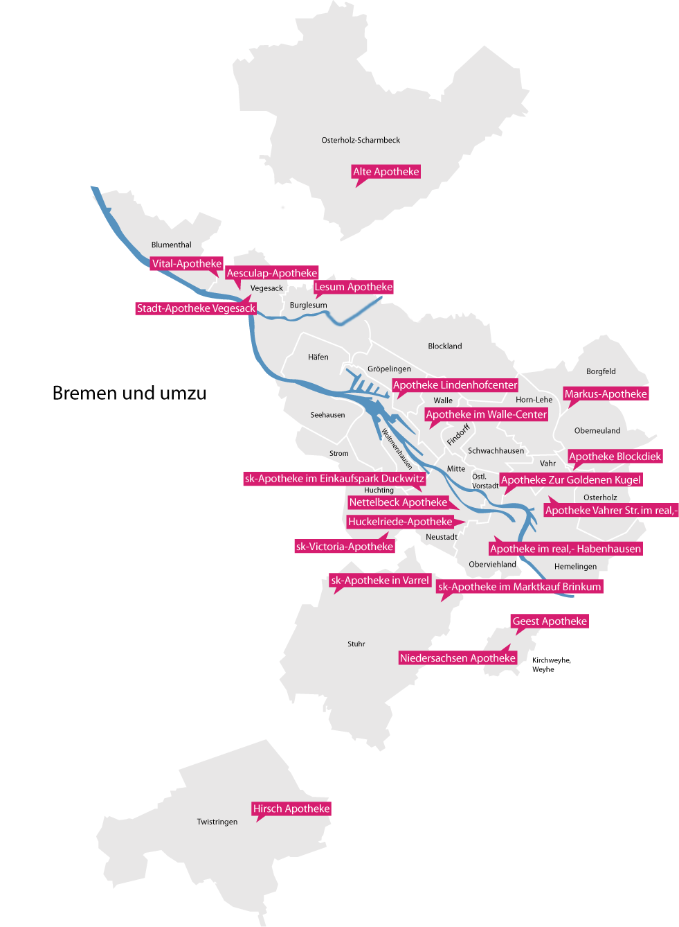 Eine Karte von Bremen mit allen Apotheken des Gesundheitsnetz Bremen